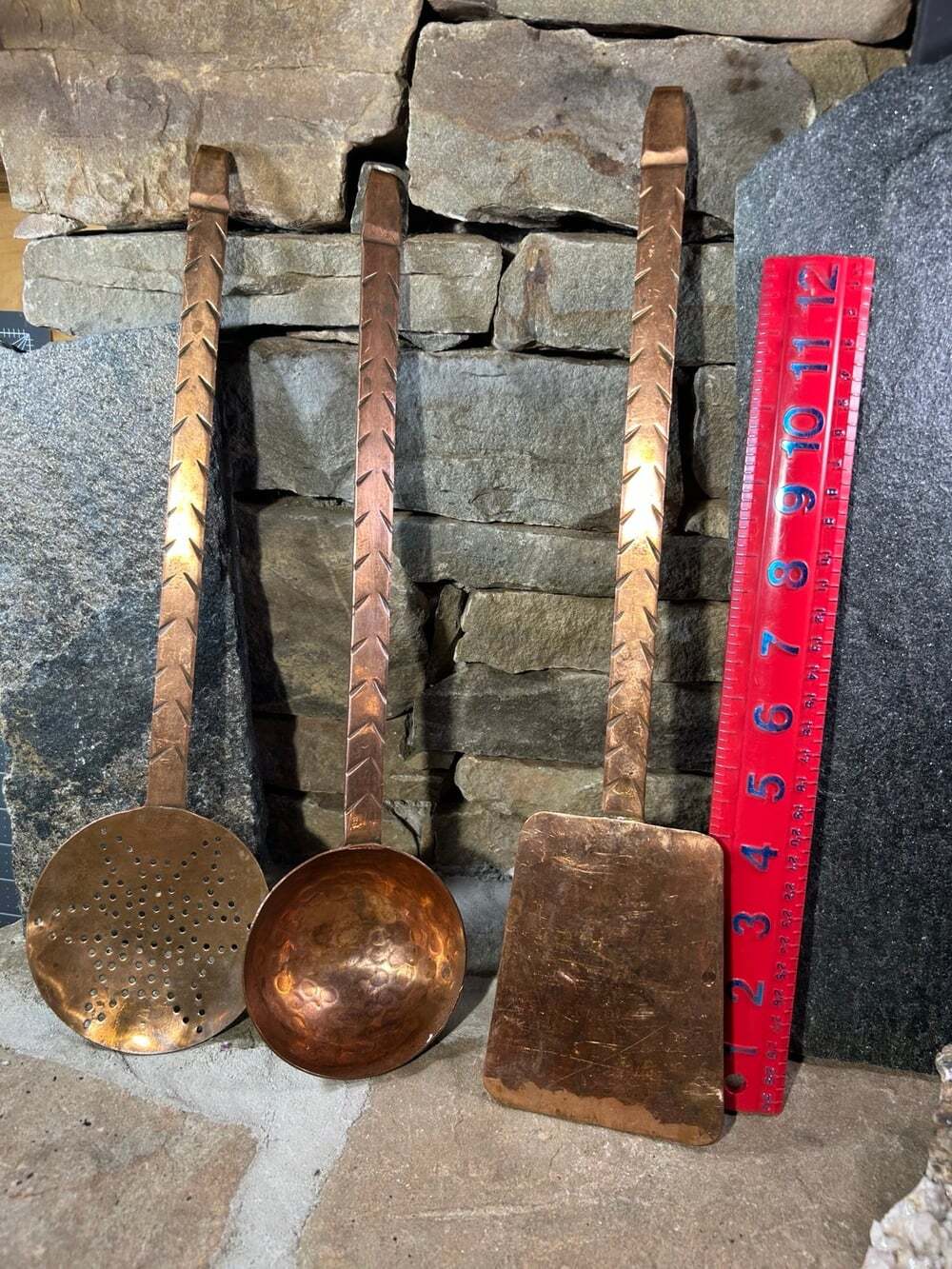 Primitive Copper Cooking Utensils Grannycore Cottagecore ladle,strainer, turner